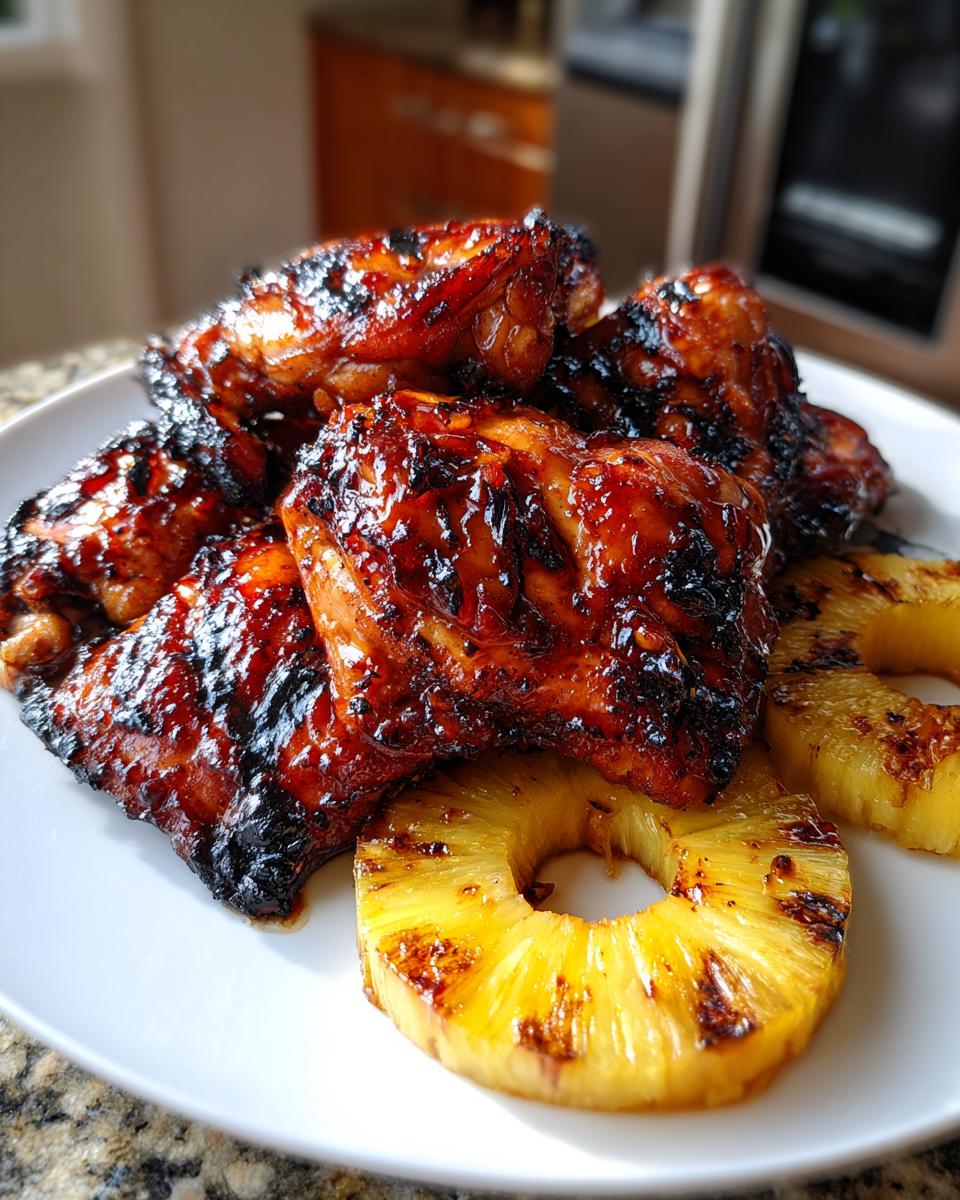 Close-up of sticky, caramelized Hawaiian huli huli chicken pieces served with grilled pineapple rings.