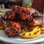 A plate of sticky, caramelized Hawaiian huli huli chicken served with grilled pineapple rings.