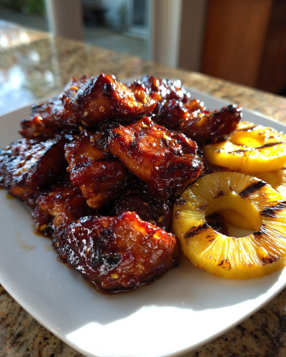 Close-up of sticky, glazed Hawaiian huli huli chicken pieces served with grilled pineapple rings on a white plate.