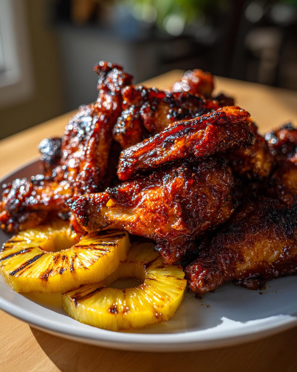 Pile of sticky, glazed Hawaiian Huli Huli Chicken wings served with grilled pineapple slices.