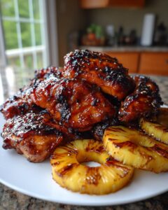 Pile of sticky, glazed Hawaiian Huli Huli Chicken pieces served with grilled pineapple rings on a white plate.