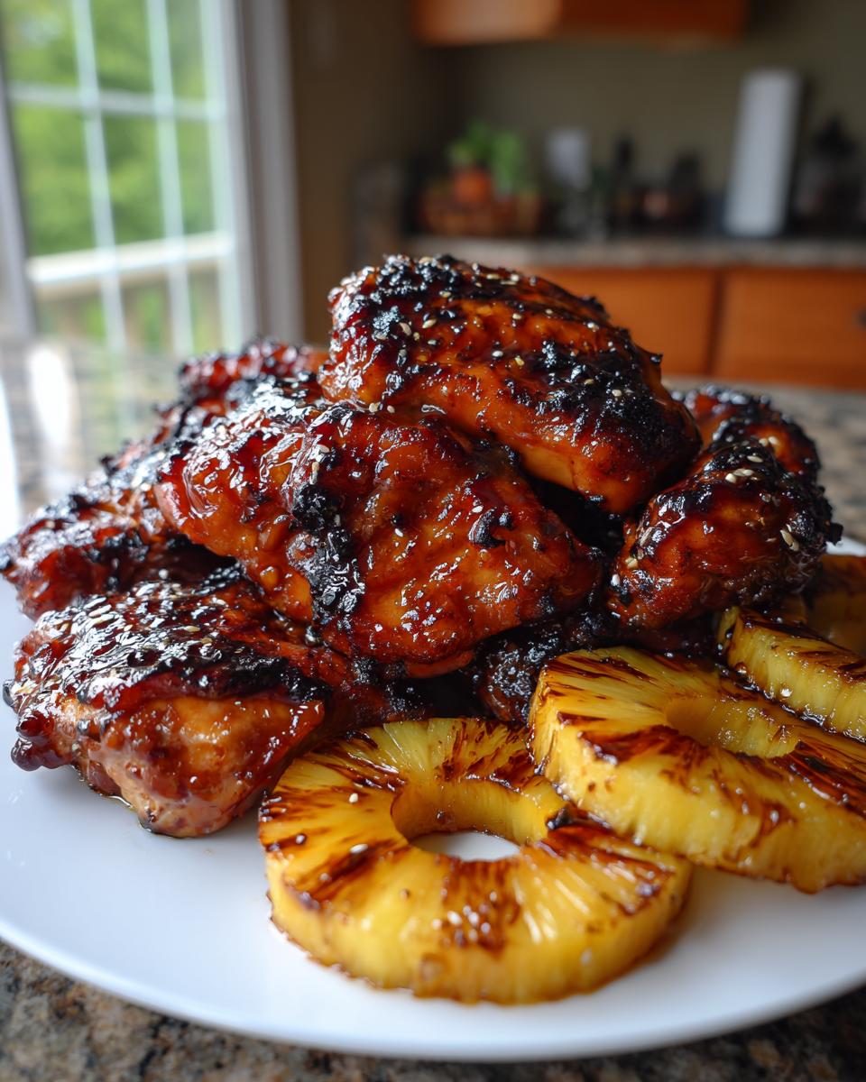 Pile of sticky, glazed Hawaiian Huli Huli Chicken pieces served with grilled pineapple rings on a white plate.