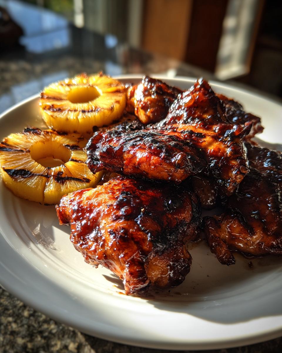 Close-up of sticky, glazed Hawaiian huli huli chicken pieces served with grilled pineapple rings.