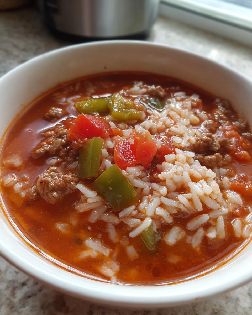 Close-up of a white bowl filled with rich, tomato-based stuffed pepper soup featuring ground meat, rice, and chunks of green pepper.