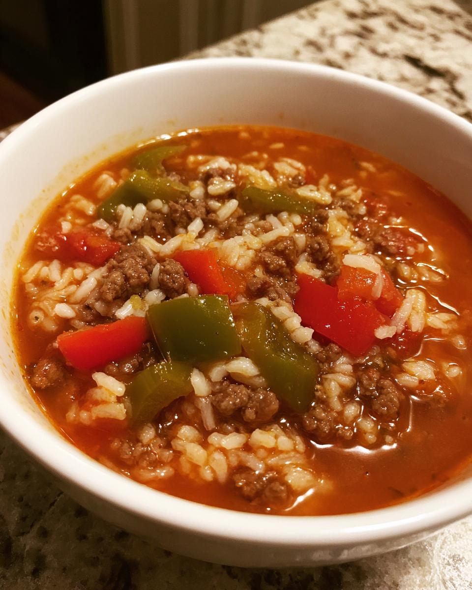 Close-up of a white bowl filled with rich, tomato-based stuffed pepper soup featuring ground beef, white rice, and chunks of green and red bell peppers.