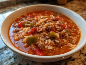 A close-up of a white bowl filled with rich, tomato-based stuffed pepper soup featuring ground beef, rice, and chunks of green and red peppers.