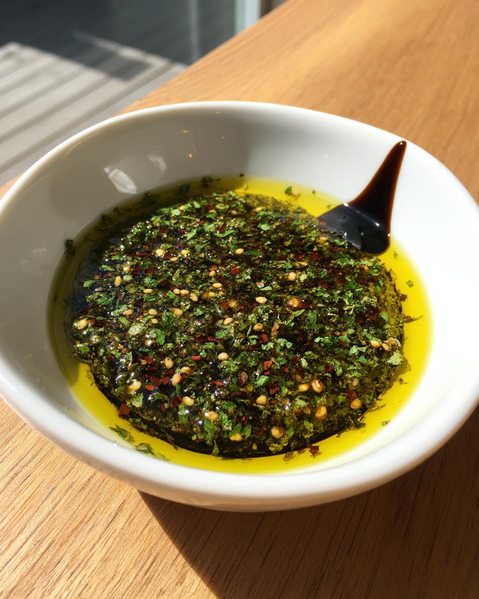 Close-up of a white bowl containing olive oil bread dip topped with herbs, spices, and a balsamic vinegar swirl.