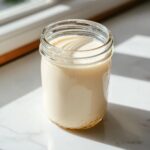 A glass mason jar filled with creamy homemade coffee creamer sitting on a white marble surface.