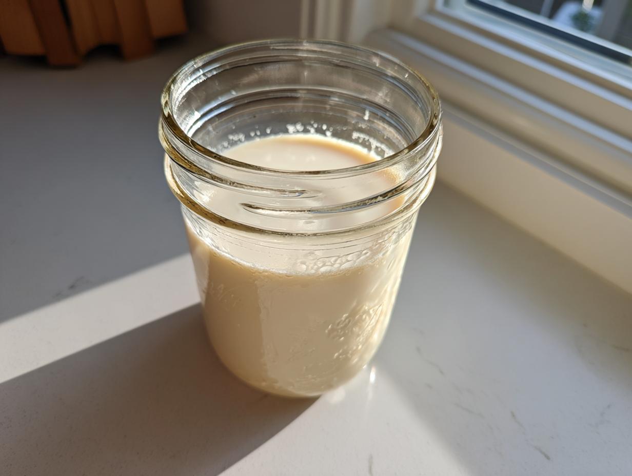 A glass mason jar filled with creamy homemade coffee creamer sitting on a white countertop near a window.