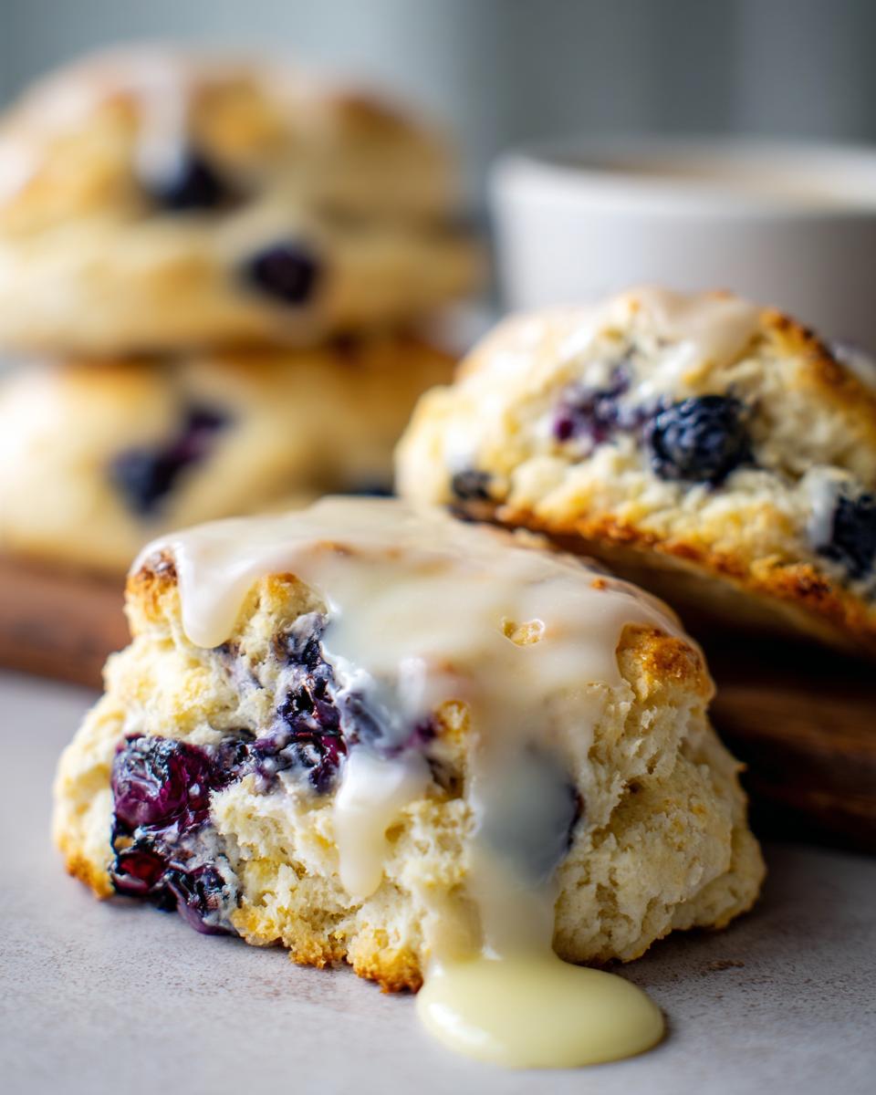 Close-up of a flaky blueberry scone topped with thick white vanilla glaze dripping down the side.