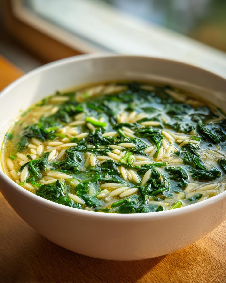 A close-up view of a bowl filled with vibrant Italian orzo spinach soup, featuring green spinach and rice-shaped pasta.