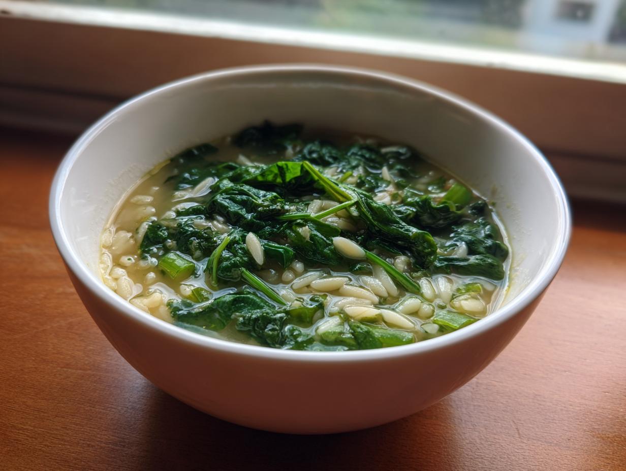 A close-up of a white bowl filled with hot italian orzo spinach soup, featuring bright green spinach and orzo pasta.