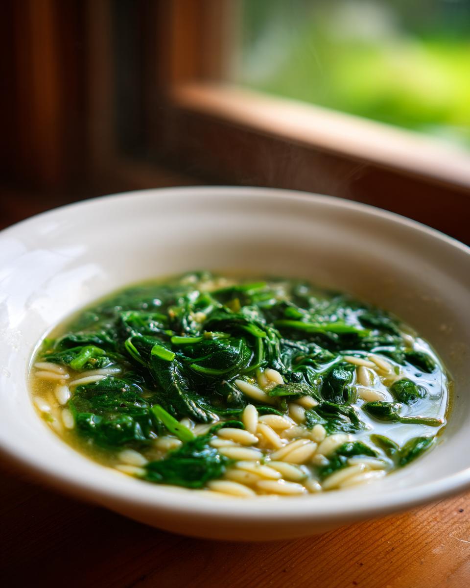 A close-up of a steaming white bowl filled with vibrant Italian orzo spinach soup, featuring bright green spinach and orzo pasta.