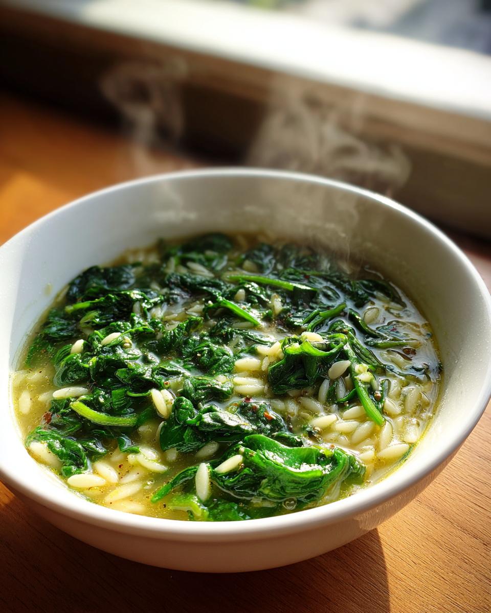 Close-up of a steaming white bowl filled with bright green spinach and orzo pasta in a savory broth, representing italian orzo spinach soup.