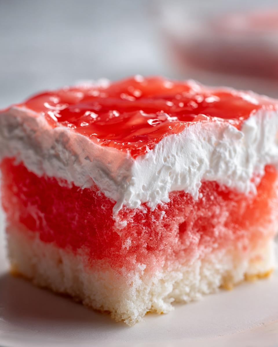 A close-up of a square slice of jello poke cake showing layers of white cake, bright red jello absorption, whipped topping, and glossy jello glaze.