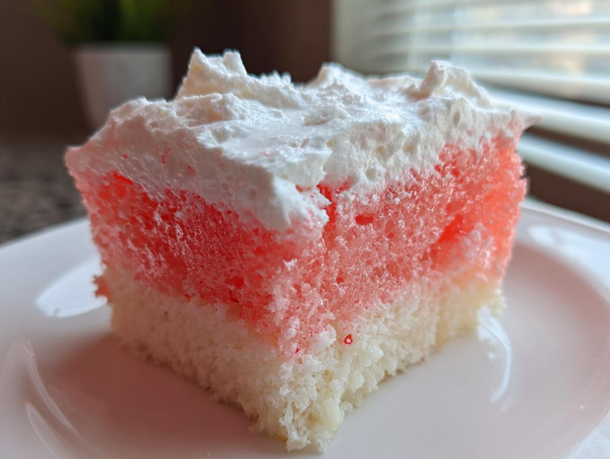 A close-up view of a slice of pink jello poke cake with a white whipped topping on a white plate.