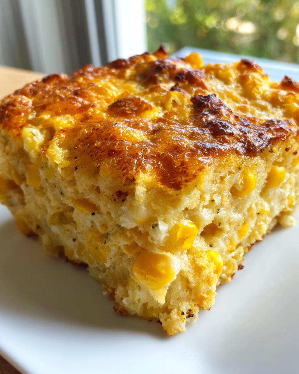 Close-up of a golden-brown slice of moist jiffy corn casserole studded with whole corn kernels.