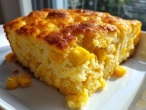 A close-up, sunlit slice of moist jiffy corn casserole with visible whole corn kernels.
