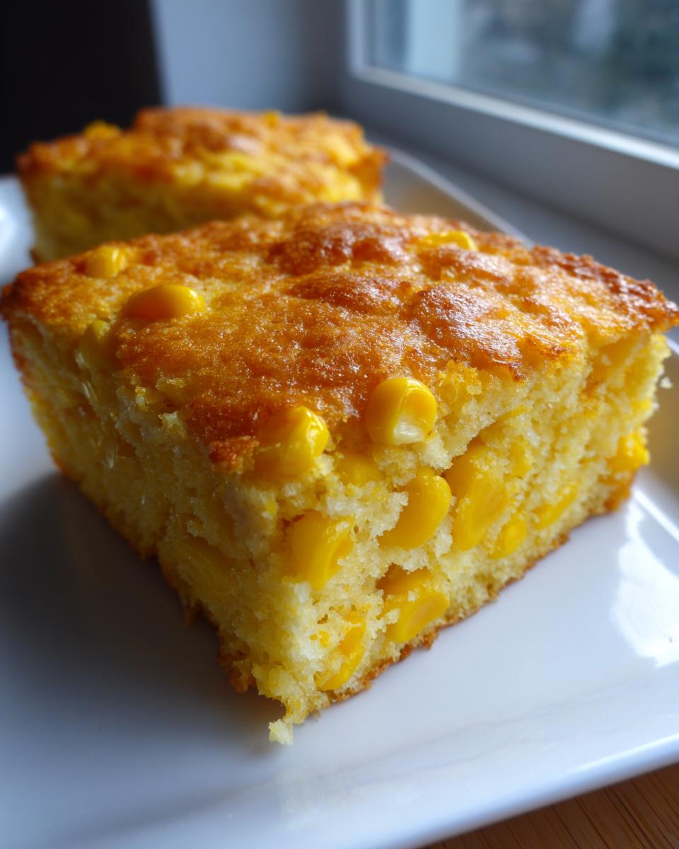 Close-up of a square slice of moist jiffy corn casserole studded with whole corn kernels.