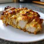 Cross-section of baked caesar chicken breasts covered in melted, browned cheese sauce.