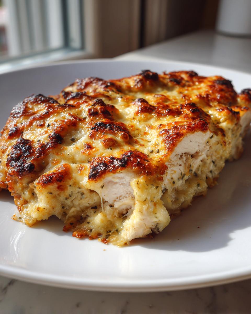 Close-up of baked caesar chicken breast covered in melted, browned cheese and herbs on a white plate.