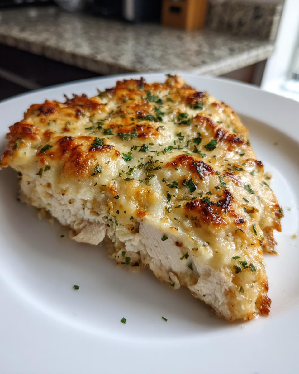 A thick slice of juicy caesar chicken breast topped with melted, browned cheese and fresh parsley.