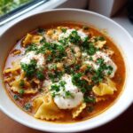 A close-up of a hearty bowl of lasagna soup featuring bowtie pasta, rich broth, dollops of ricotta, and fresh parsley.