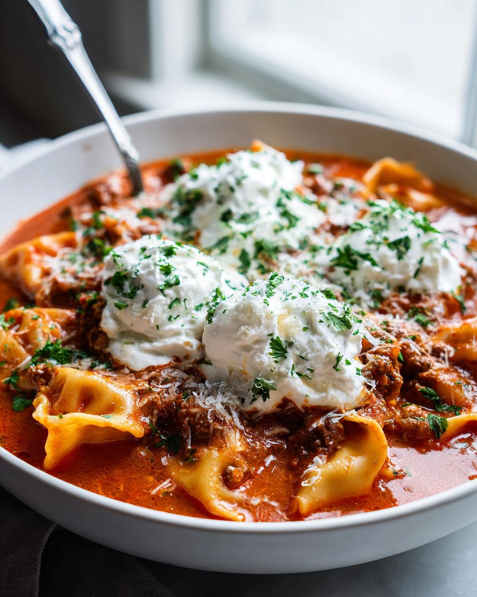 Close-up of a bowl of hearty lasagna soup with pasta, meat sauce, dollops of ricotta, and fresh parsley.