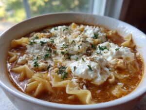 A close-up of a white bowl filled with rich, tomato-based lasagna soup topped with dollops of ricotta cheese and fresh parsley.