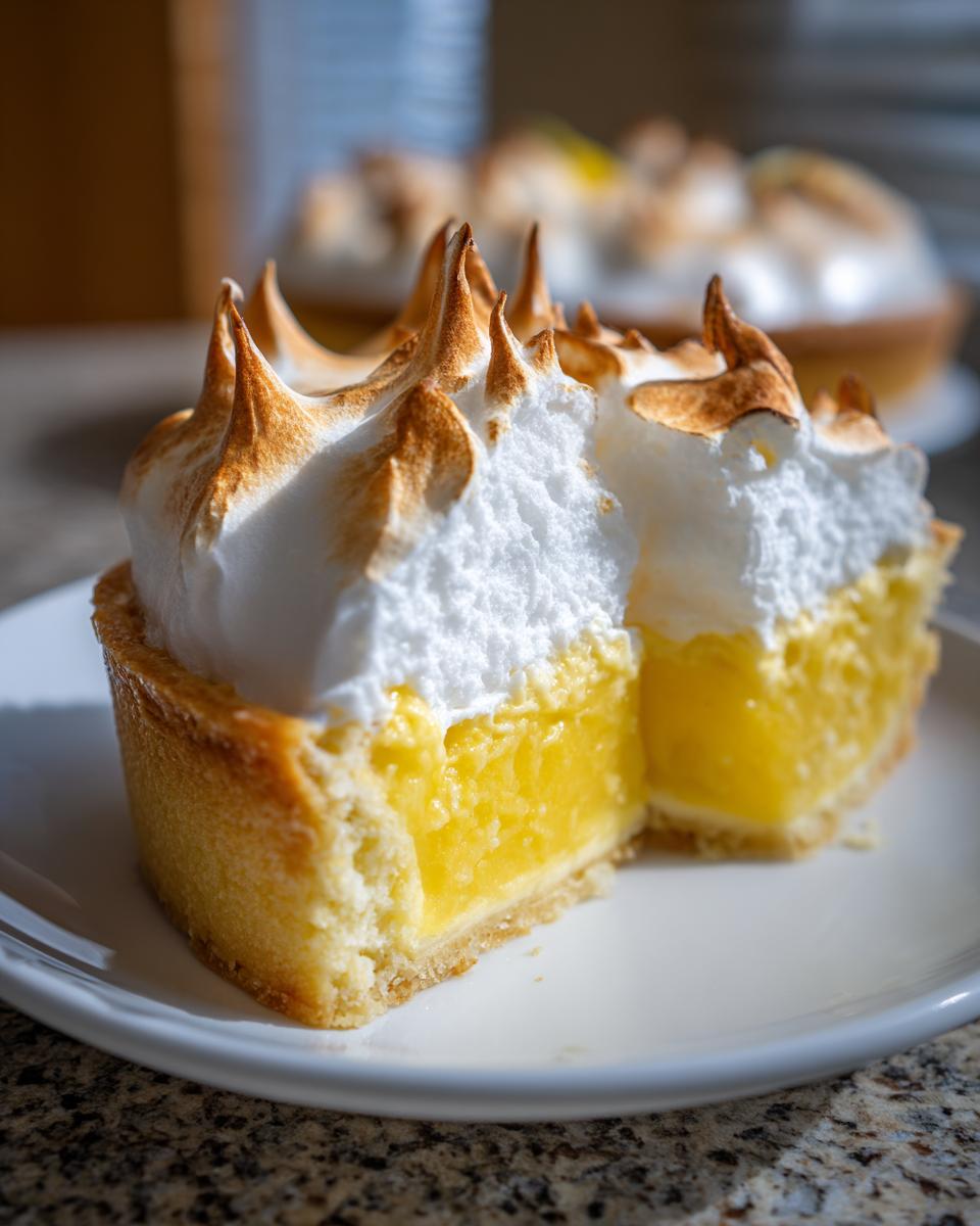 Close-up of a slice of lemon meringue pie showing bright yellow filling and peaked, torched meringue.