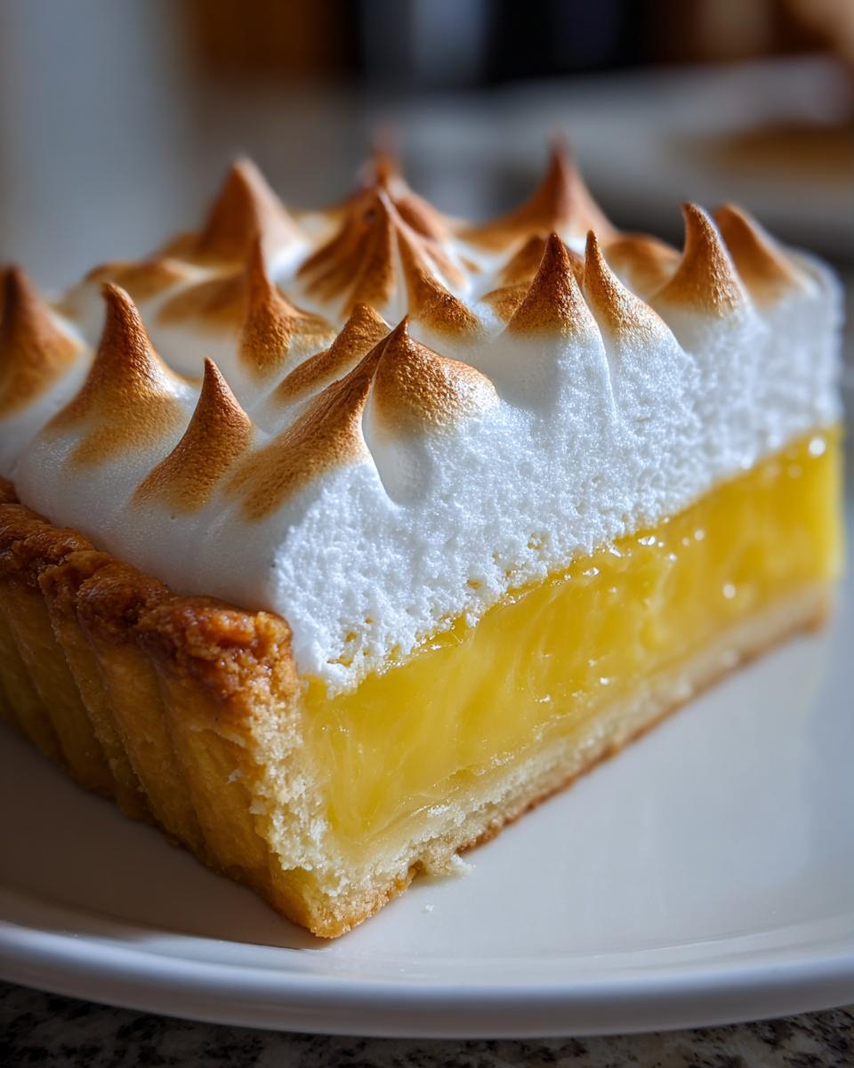 Close-up of a perfect slice of lemon meringue pie showing bright yellow filling and tall, torched meringue peaks.