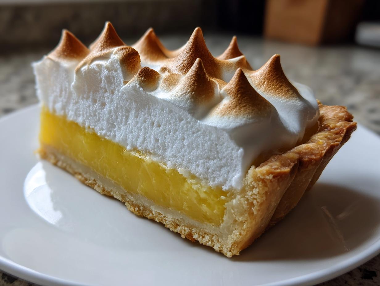 Close-up of a perfect slice of lemon meringue pie showing bright yellow filling and tall, toasted meringue peaks.