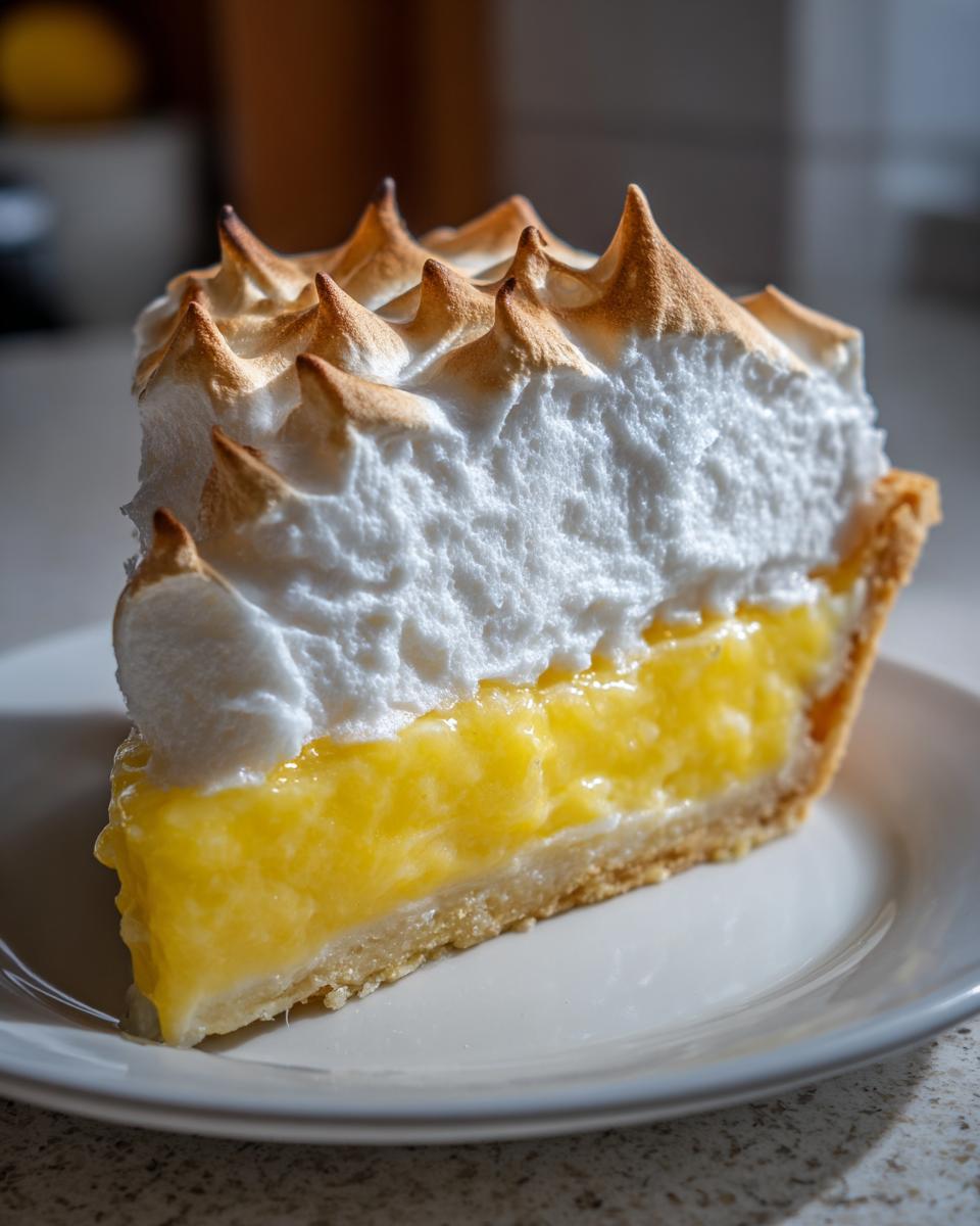 A close-up slice of lemon meringue pie showing thick lemon curd and tall, toasted meringue peaks.