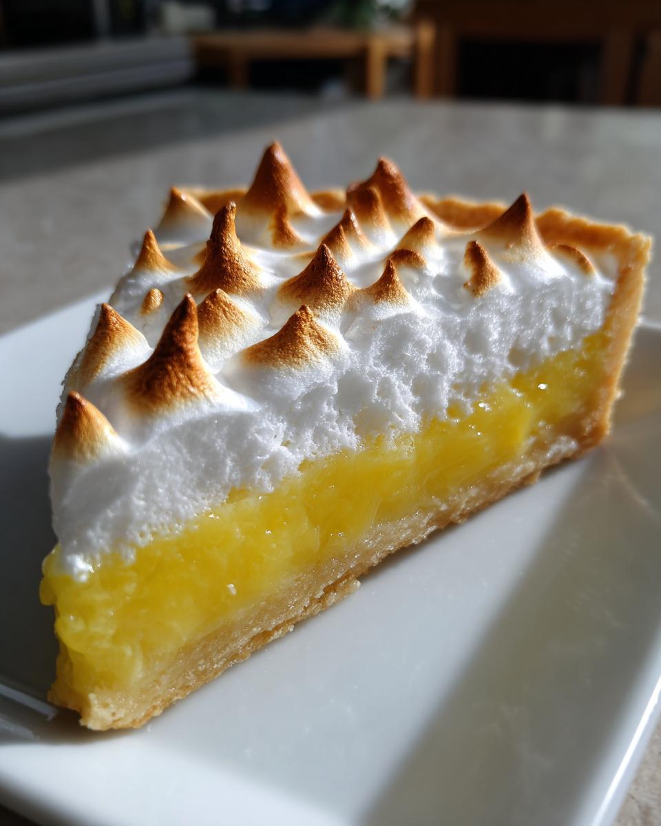 Close-up of a slice of lemon meringue pie showing bright yellow filling, crust, and perfectly torched meringue peaks.