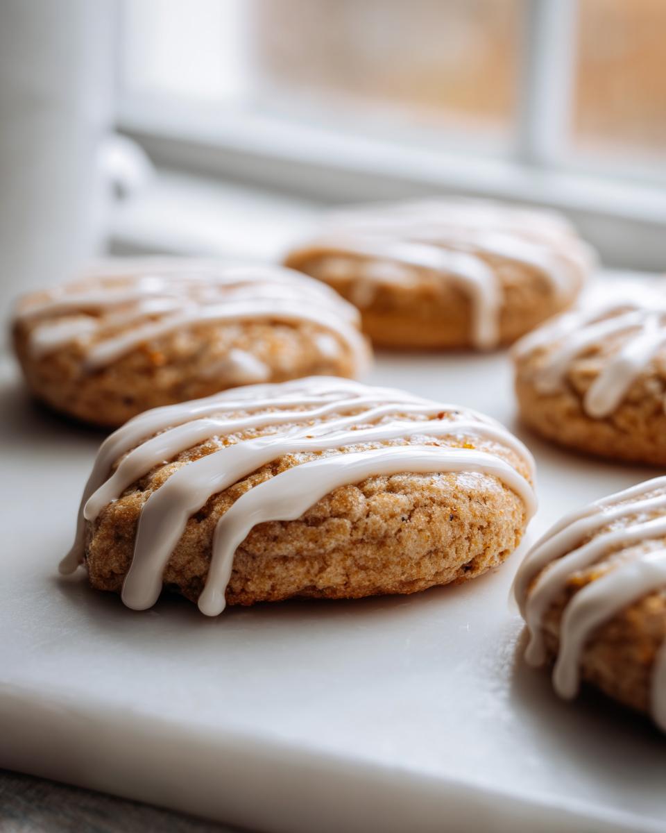 Close-up of several soft london fog cookies drizzled with thick white vanilla glaze, set near a window.