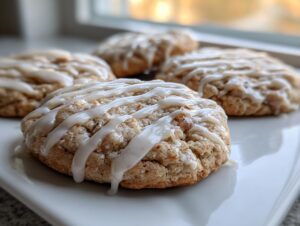 Close-up of soft, textured london fog cookies drizzled generously with a white vanilla glaze.