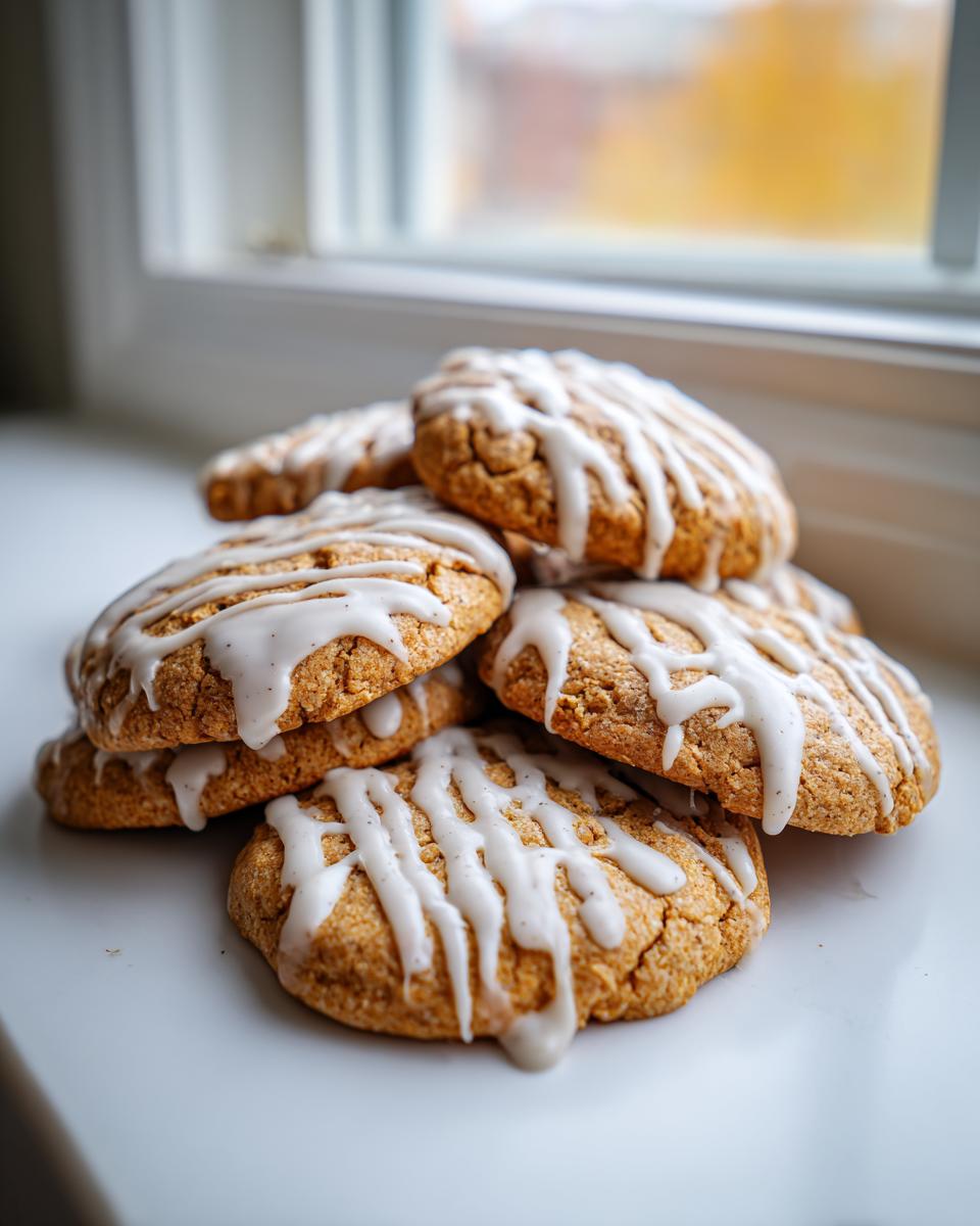 A stack of freshly baked london fog cookies drizzled generously with white vanilla glaze, set near a bright window.