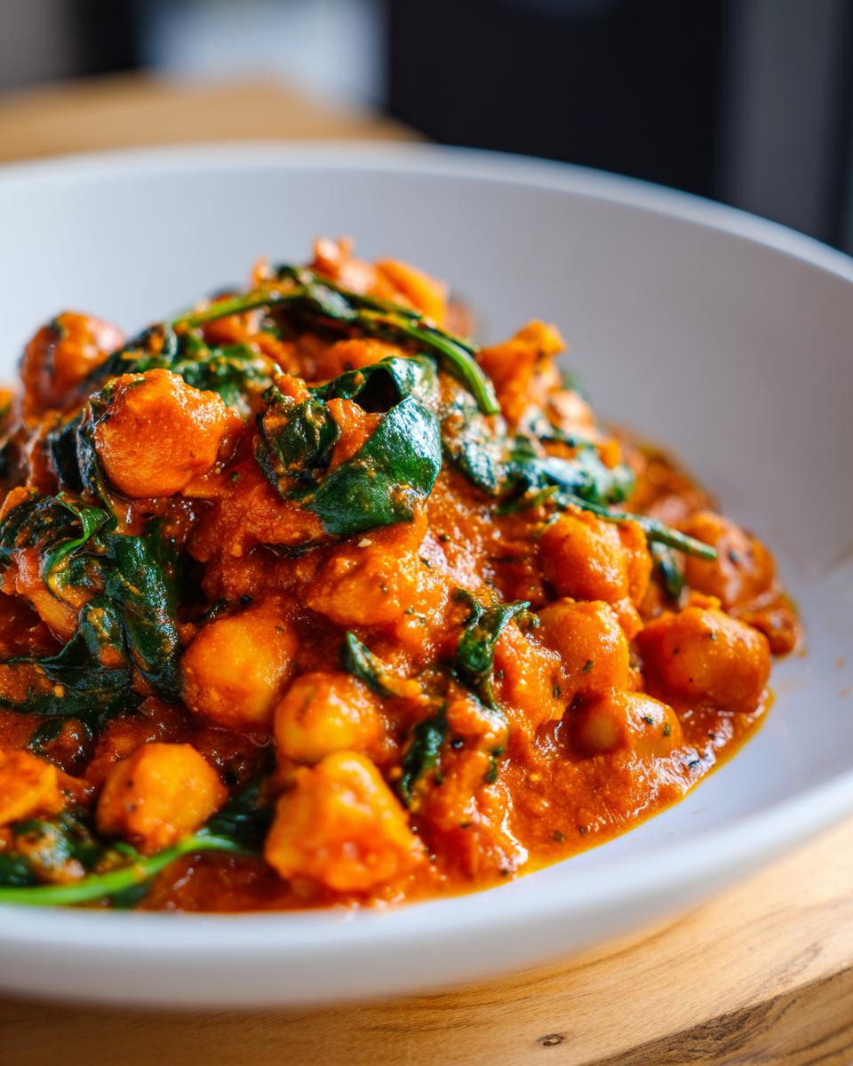 A close-up shot of creamy Marry Me Chickpeas stewed in a rich, orange tomato sauce with wilted green spinach leaves.