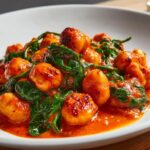 Close-up of Marry Me Chickpeas coated in a creamy tomato sauce with wilted spinach.