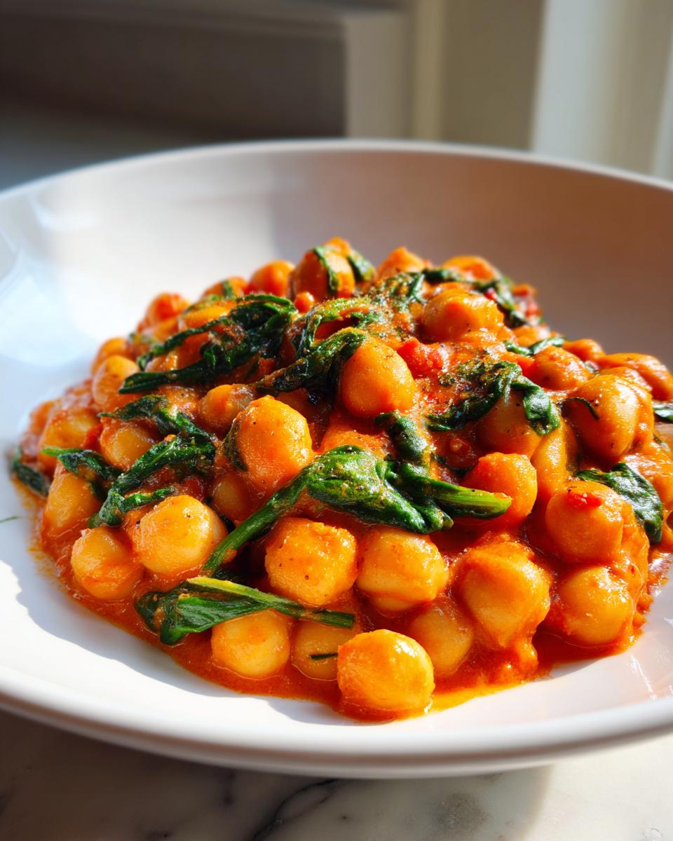 A close-up of creamy Marry Me chickpeas mixed with wilted spinach in a rich, orange-red tomato sauce, served in a white bowl.