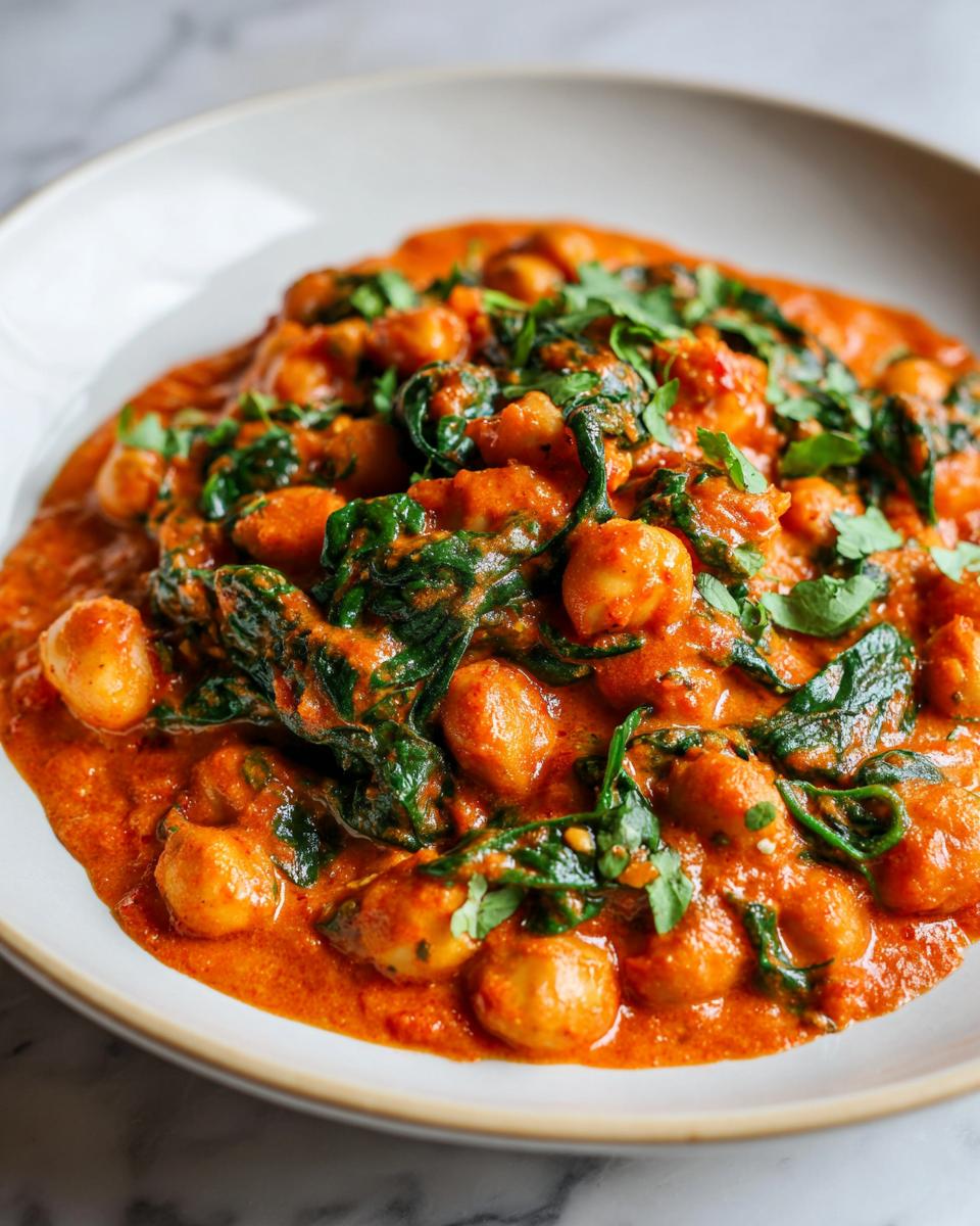 A close-up serving of creamy, orange-red Marry Me Chickpeas mixed with wilted spinach and fresh cilantro garnish.
