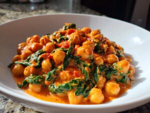 Close-up of creamy Marry Me Chickpeas mixed with wilted spinach in a white bowl.
