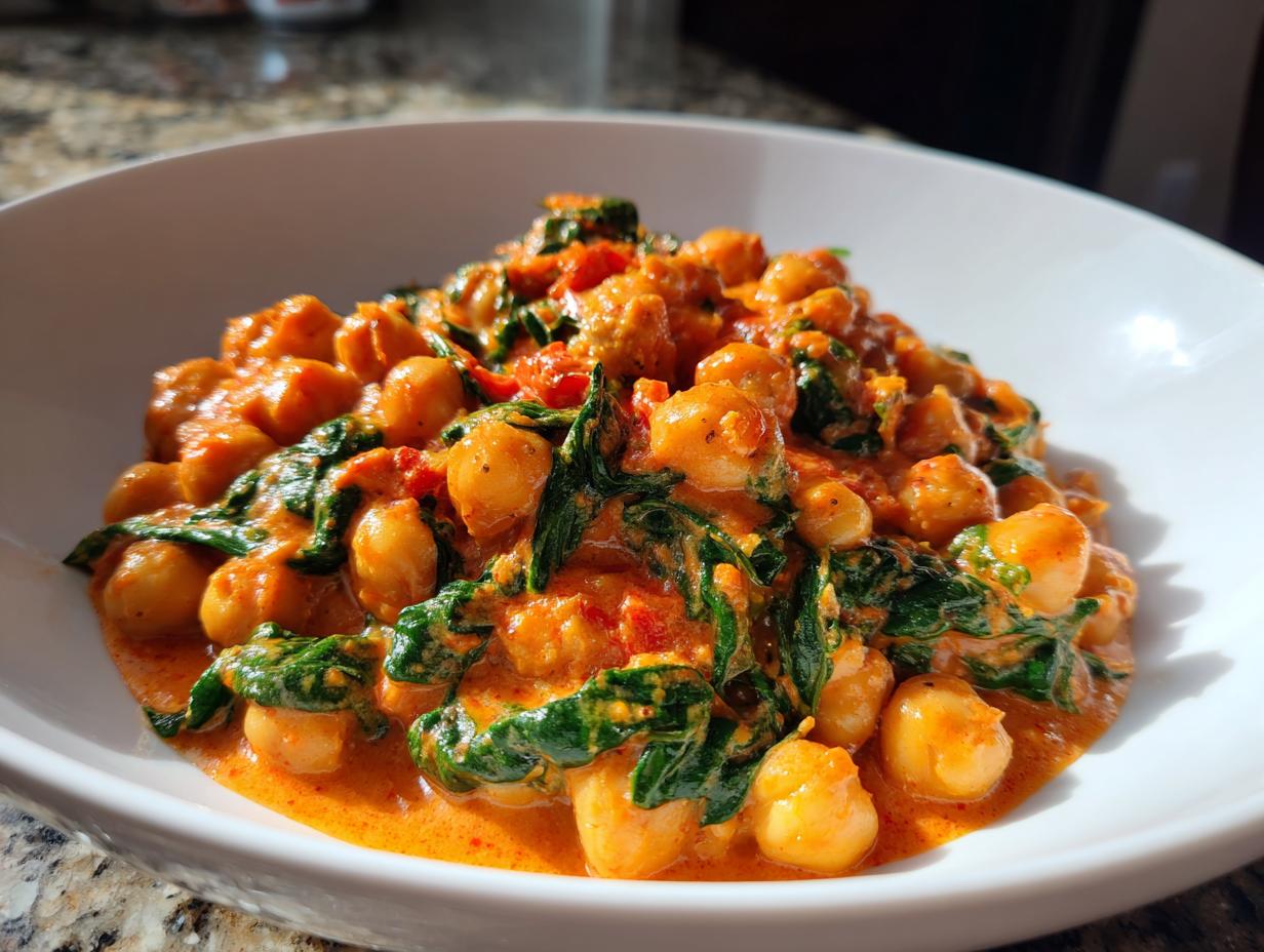 Close-up of creamy Marry Me Chickpeas mixed with wilted spinach in a white bowl.