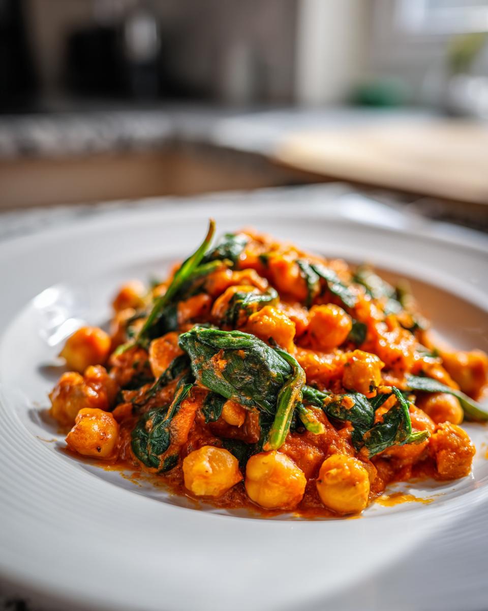 Close-up of Marry Me Chickpeas coated in a creamy tomato sauce with wilted spinach served on a white plate.