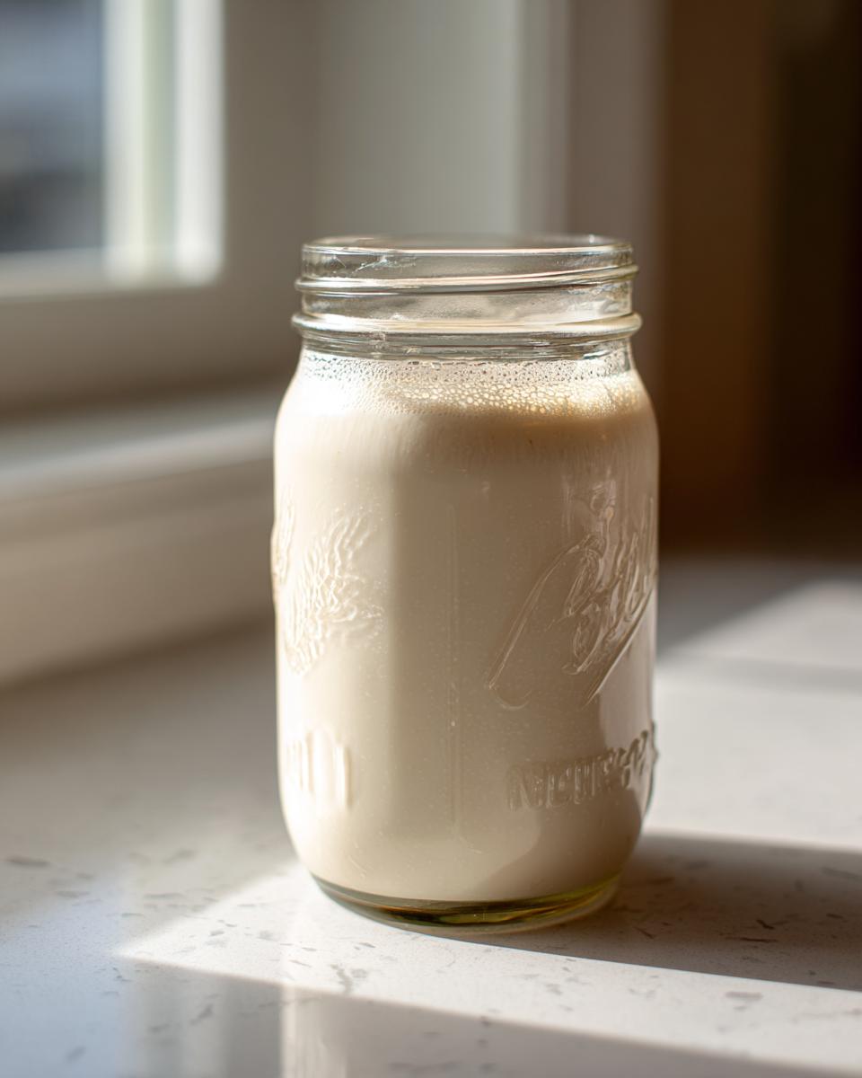 A glass mason jar filled with creamy homemade coffee creamer sitting on a sunlit countertop.