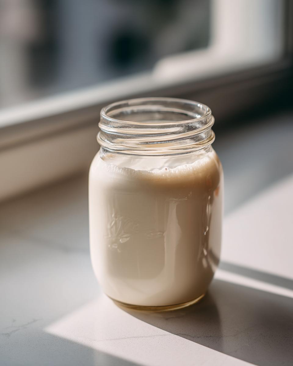 A glass mason jar filled with creamy homemade coffee creamer sitting on a white counter in bright sunlight.