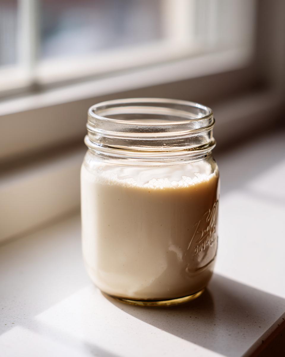A glass mason jar filled with creamy homemade coffee creamer sitting on a bright white counter near a window.