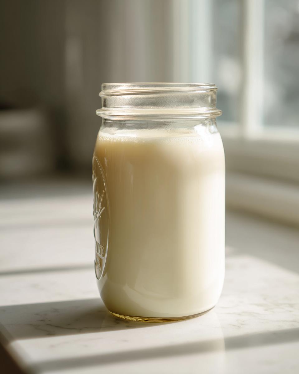 A glass mason jar filled with creamy homemade coffee creamer sitting on a white marble counter.