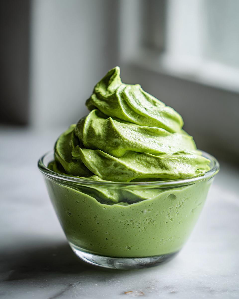 Close-up of vibrant green matcha chia pudding swirled high in a small clear glass bowl.