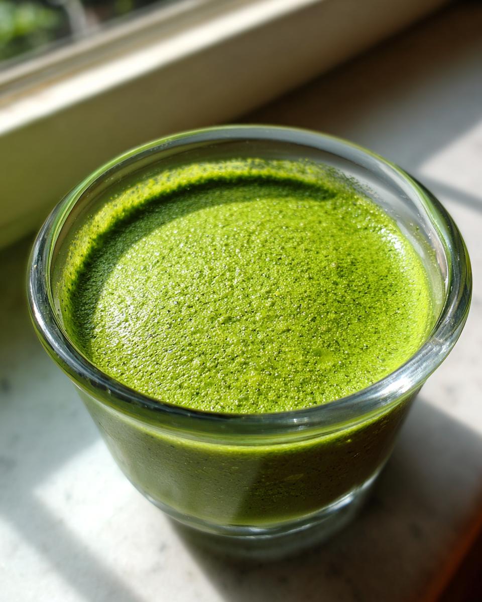 Close-up of vibrant green matcha chia pudding with a frothy top in a clear glass.